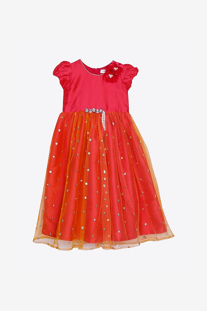 Candy Pink & Orange Embroidered Flared Gown For Girls by Saka Designs