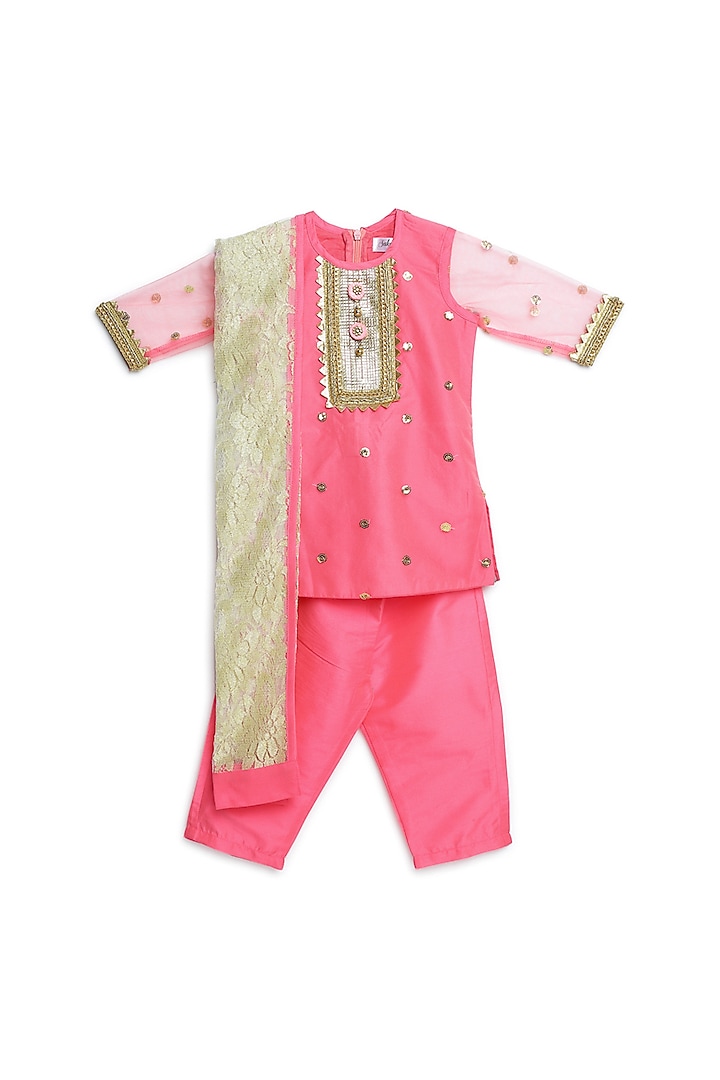 Sky Pink Lace Embroidered Kurta Set For Girls by Saka Designs