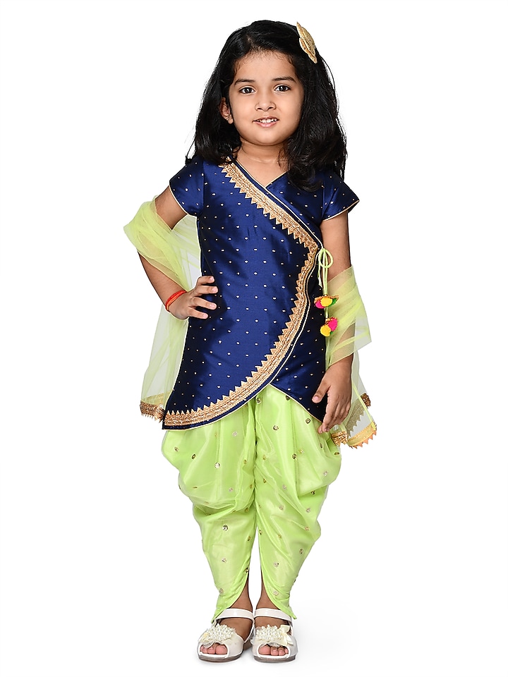 Parrot Green Sequins Embroidered Dhoti Set For Girls by Saka Designs at Pernia's Pop Up Shop