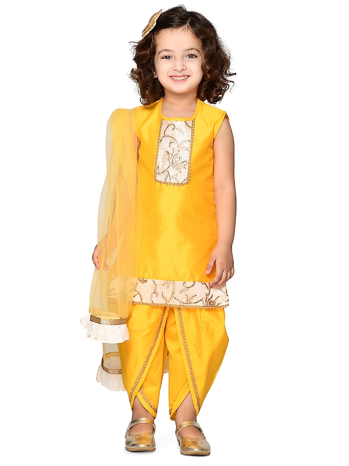Citrus Yellow Silk Blend Dhoti Set For Girls by Saka Designs