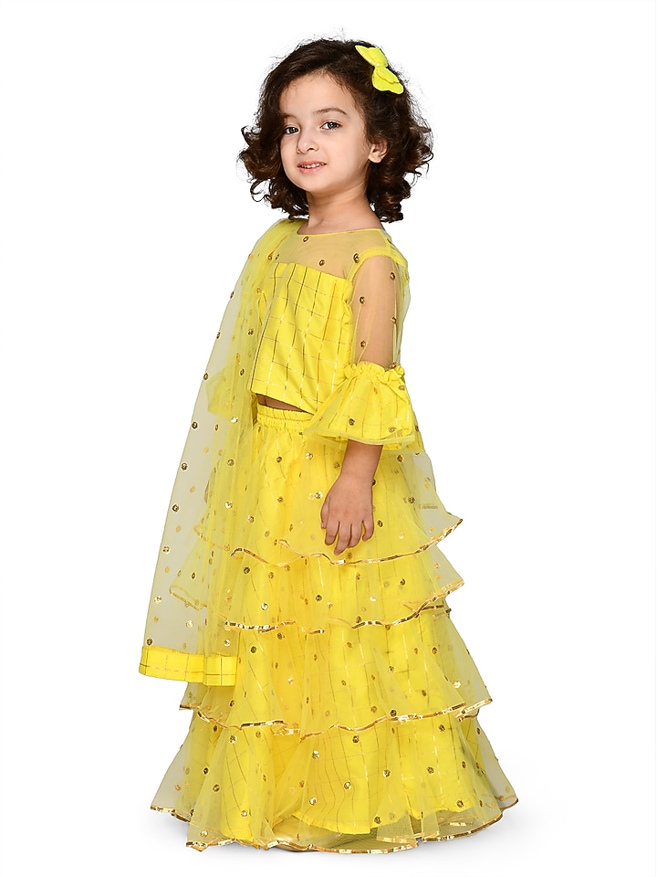 Butter Yellow Sequins Embroidered Lehenga Set For Girls by Saka Designs at Pernia's Pop Up Shop