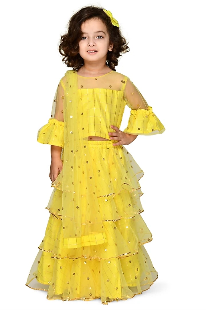 Butter Yellow Sequins Embroidered Lehenga Set For Girls by Saka Designs at Pernia's Pop Up Shop