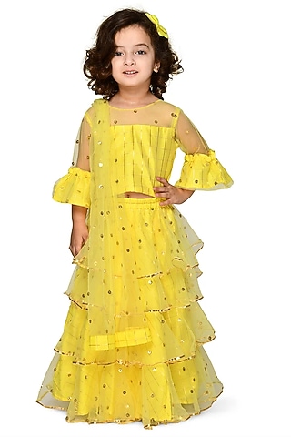 Butter Yellow Sequins Embroidered Lehenga Set For Girls by Saka Designs