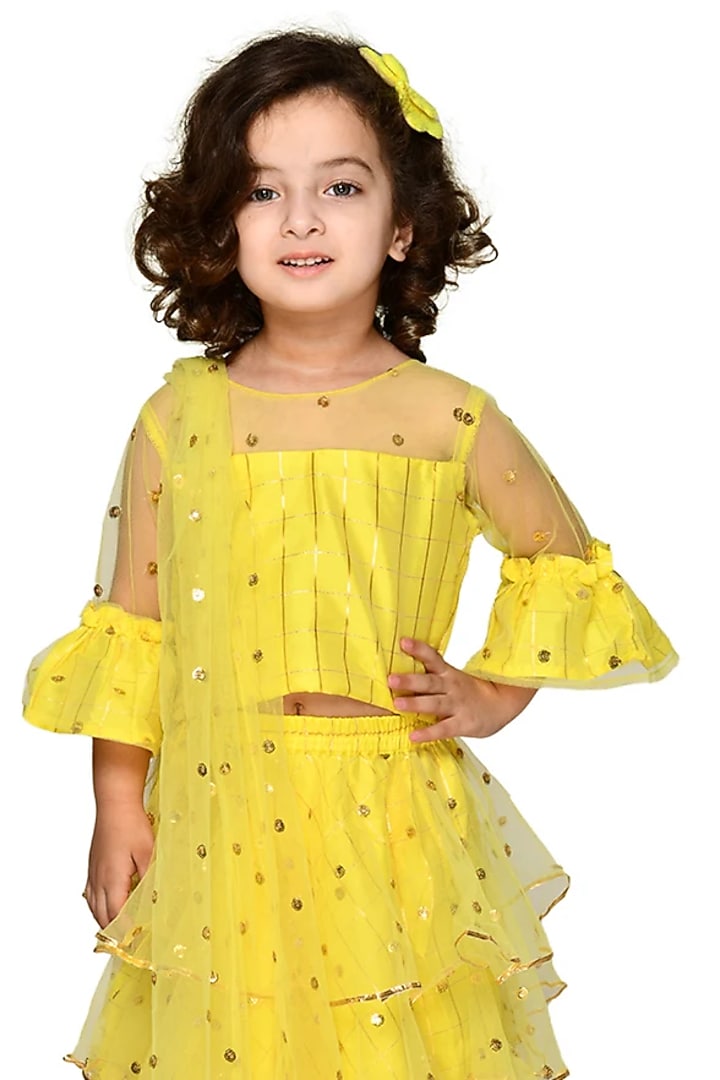 Butter Yellow Sequins Embroidered Lehenga Set For Girls by Saka Designs at Pernia's Pop Up Shop