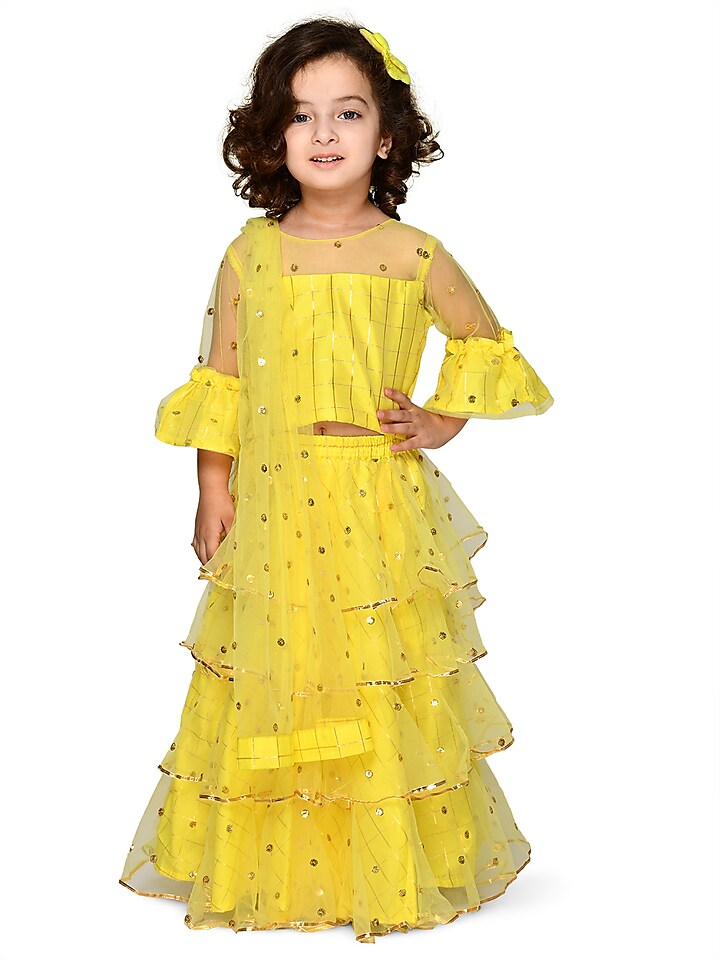 Butter Yellow Sequins Embroidered Lehenga Set For Girls by Saka Designs