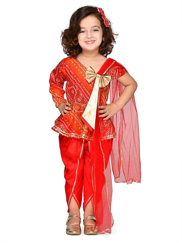 Electric Red Cotton Dhoti Set For Girls by Saka Designs