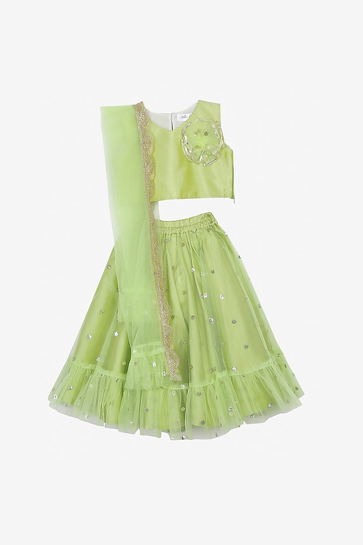Pista Green Sequins Embroidered Layered Lehenga Set For Girls by Saka Designs