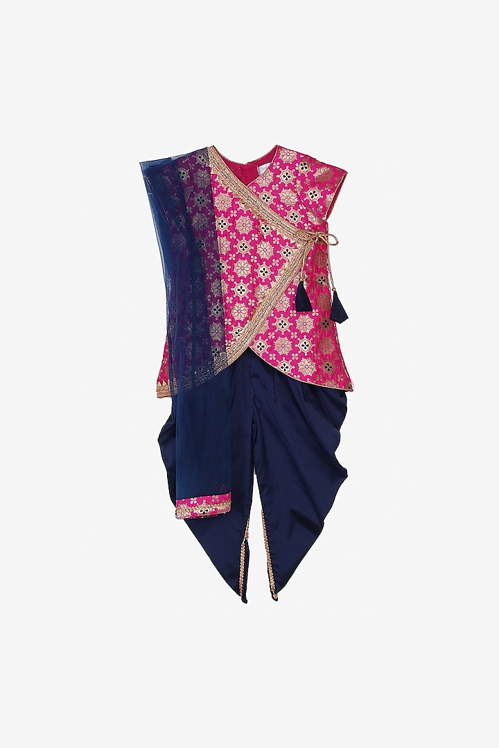 Navy Blue Silk Blend Dhoti Set For Girls by Saka Designs