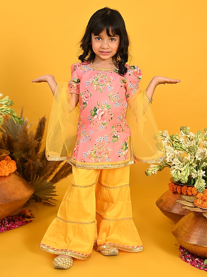Citrus Yellow Cotton Sharara Set For Girls by Saka Designs