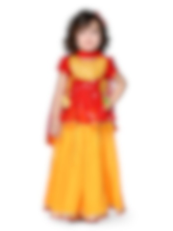 Citrus Yellow Poly Georgette Lehenga Set For Girls by Saka Designs