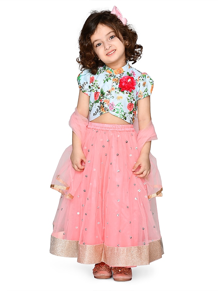 Peach Sequins Embroidered Lehenga Set For Girls by Saka Designs