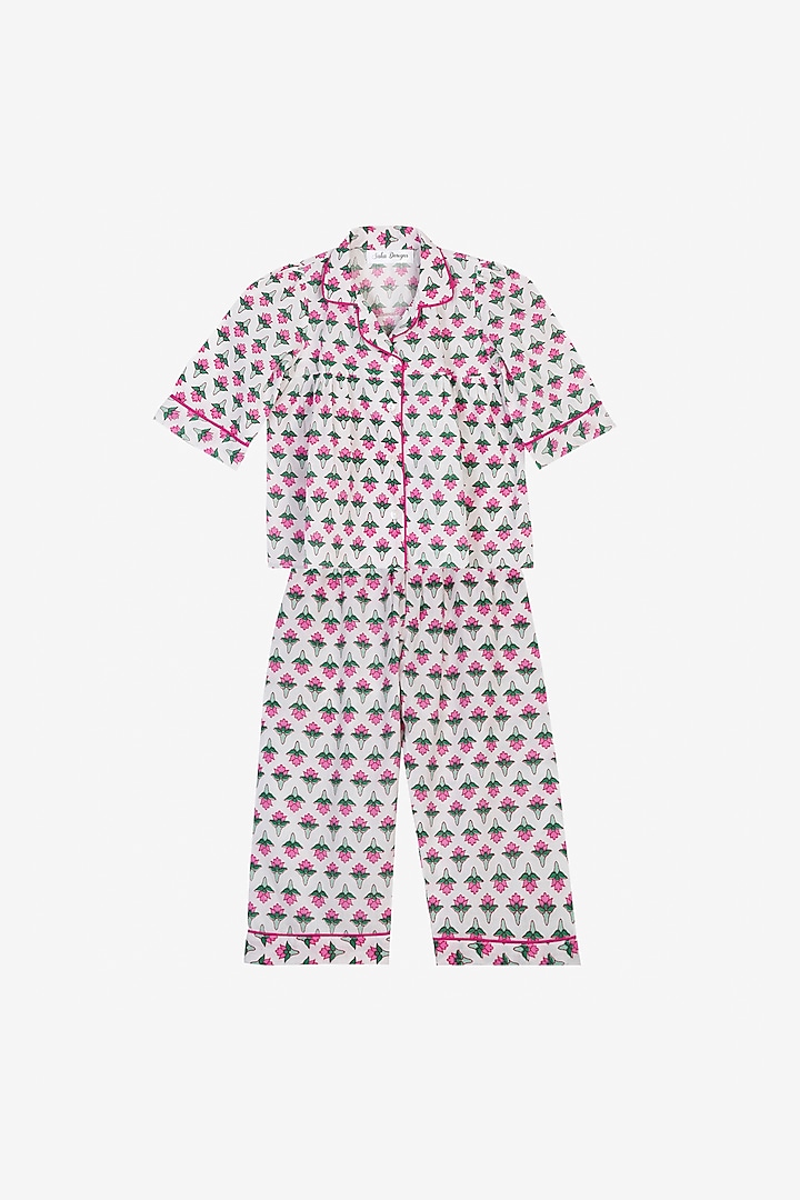 White & Fuchsia Cotton Night Suit For Girls by Saka Designs at Pernia's Pop Up Shop