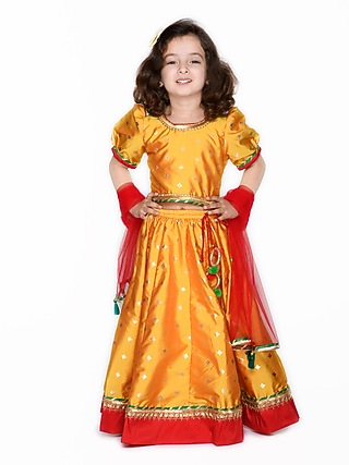 Orange Foil Printed Lehenga Set For Girls by Saka Designs
