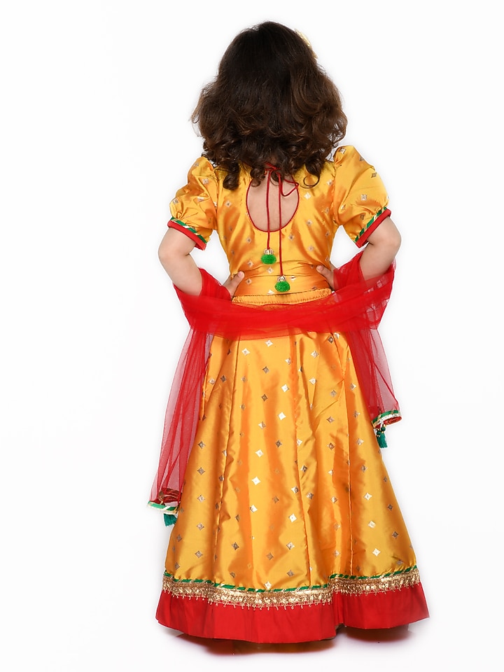 Orange Foil Printed Lehenga Set For Girls by Saka Designs at Pernia's Pop Up Shop