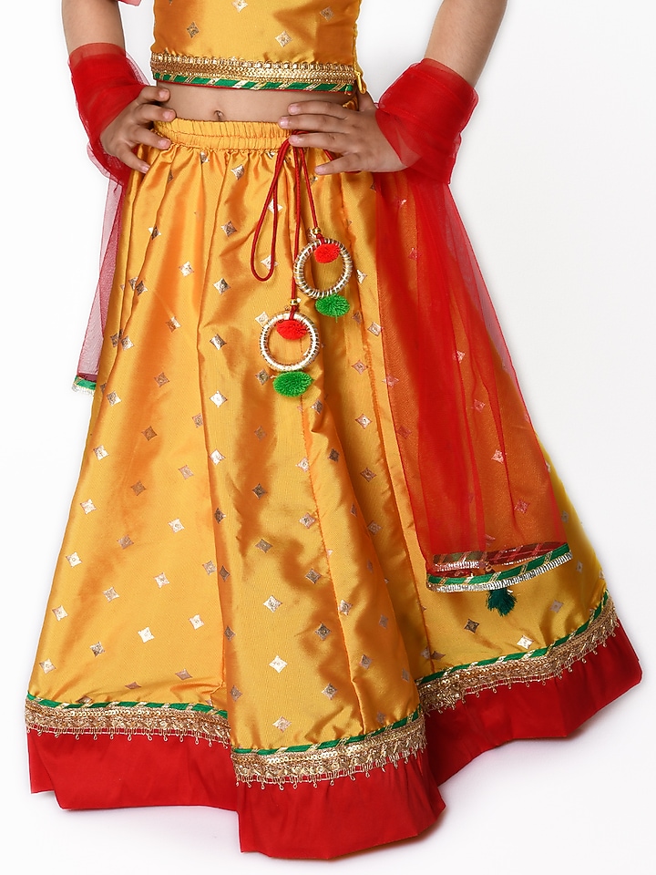 Orange Foil Printed Lehenga Set For Girls by Saka Designs at Pernia's Pop Up Shop