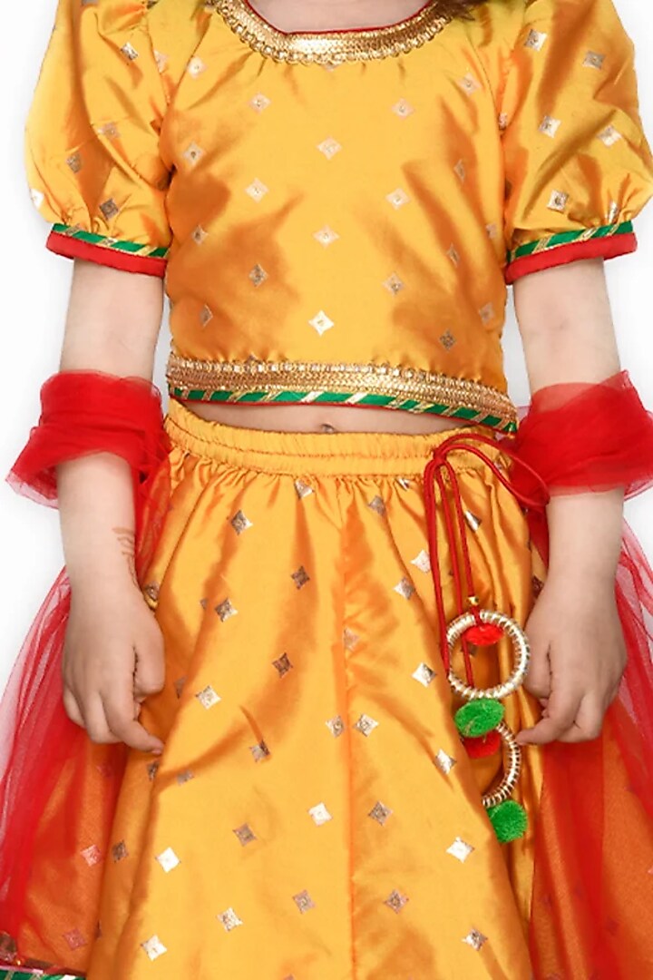 Orange Foil Printed Lehenga Set For Girls by Saka Designs at Pernia's Pop Up Shop