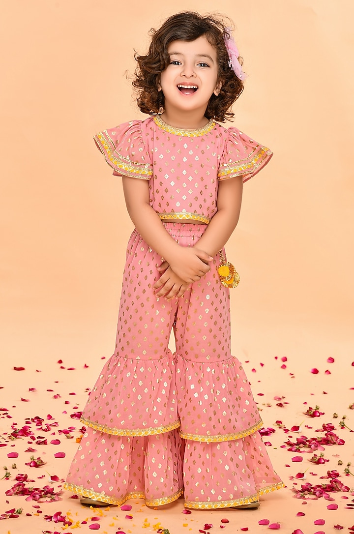 Blush Pink Printed Sharara Set For Girls by Saka Designs