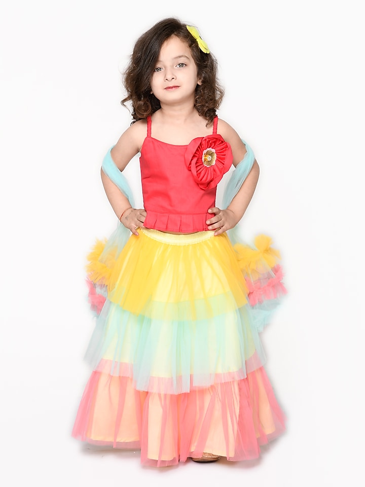 Multi-Colored Cotton & Net Lehenga Set For Girls by Saka Designs