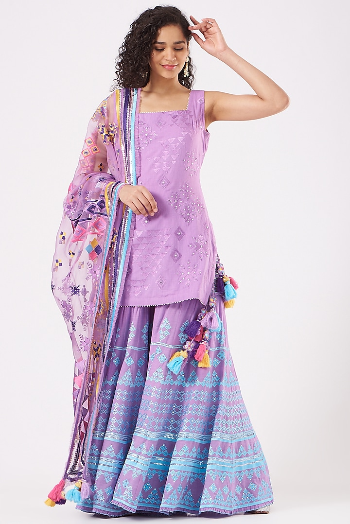 Lavender Cotton Embroidered Sharara Set by Sukriti & Aakriti