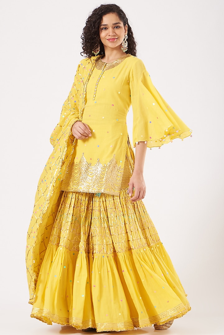 Yellow Cotton Embroidered Sharara Set by Sukriti & Aakriti