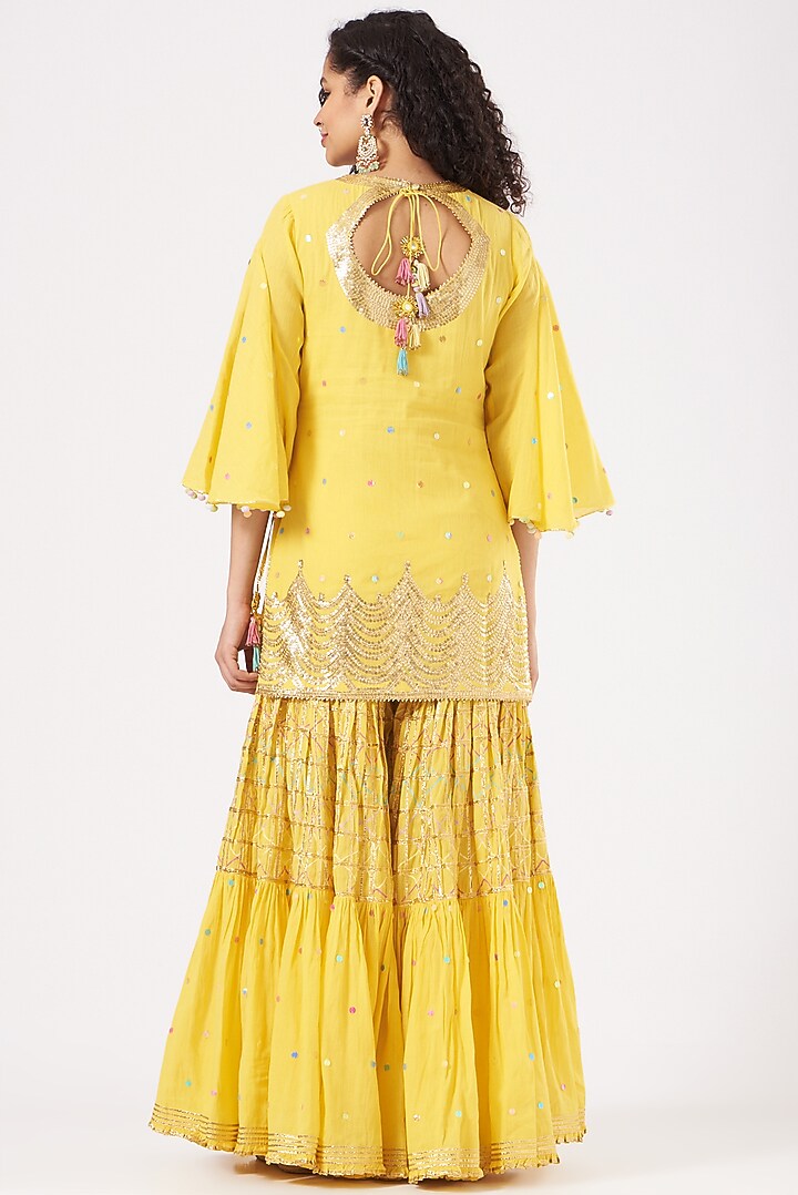 Yellow Cotton Embroidered Wedding Sharara Set by Sukriti & Aakriti at Pernia's Pop Up Shop