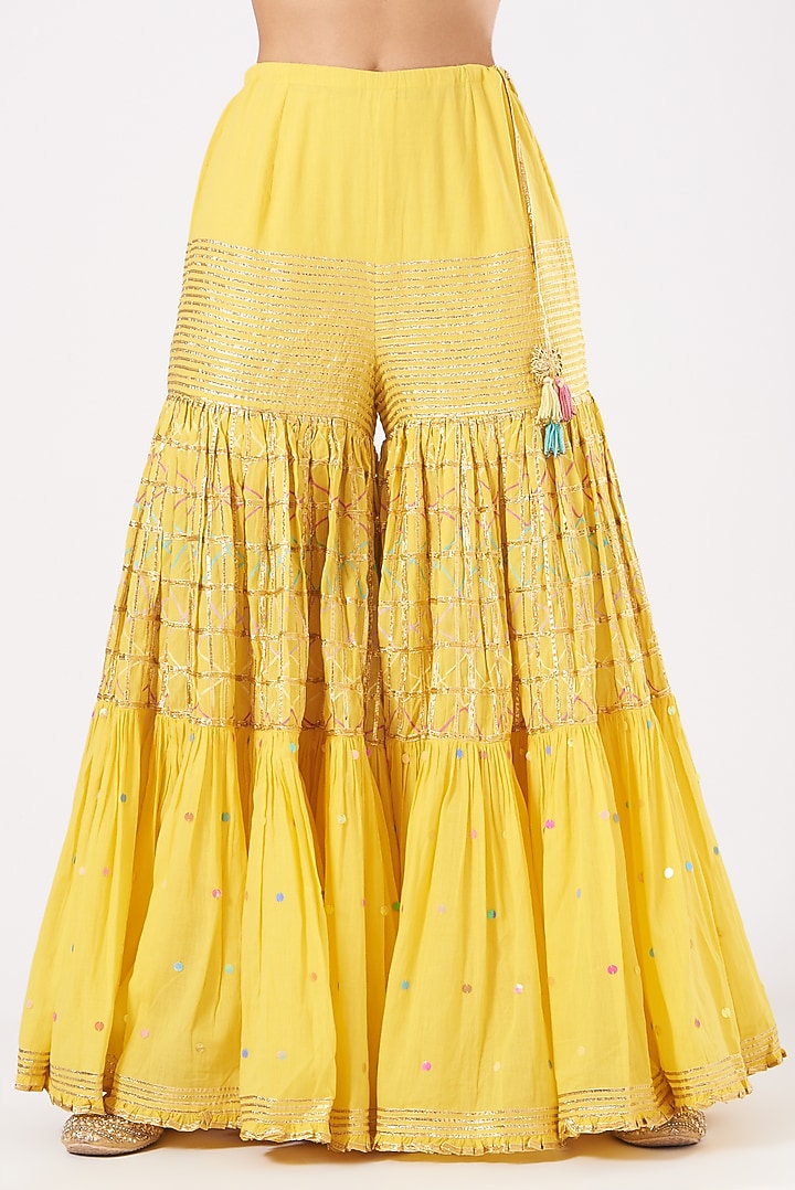 Yellow Cotton Embroidered Wedding Sharara Set by Sukriti & Aakriti at Pernia's Pop Up Shop