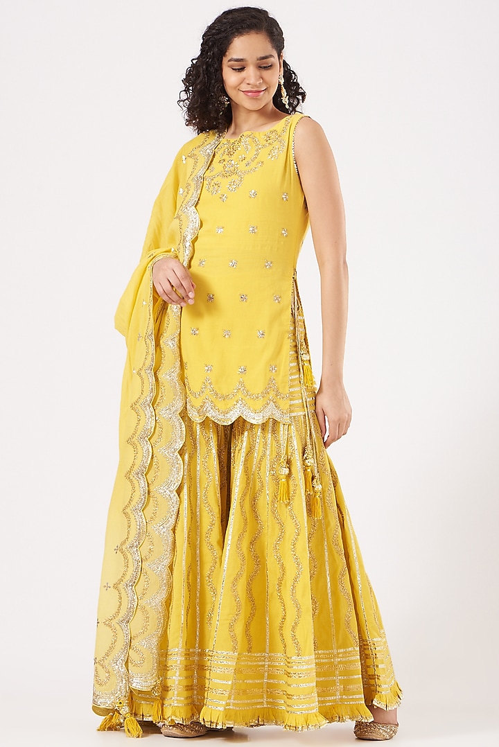 Yellow Cotton Embroidered Sharara Set by Sukriti & Aakriti