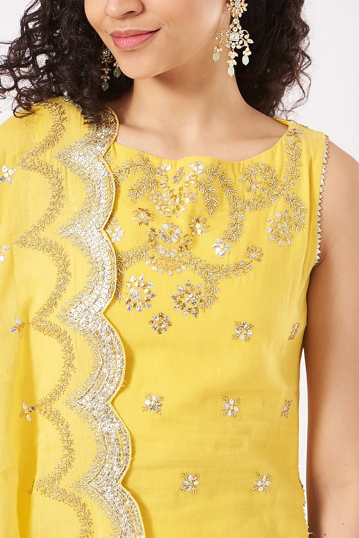Yellow Cotton Embroidered Wedding Sharara Set by Sukriti & Aakriti at Pernia's Pop Up Shop