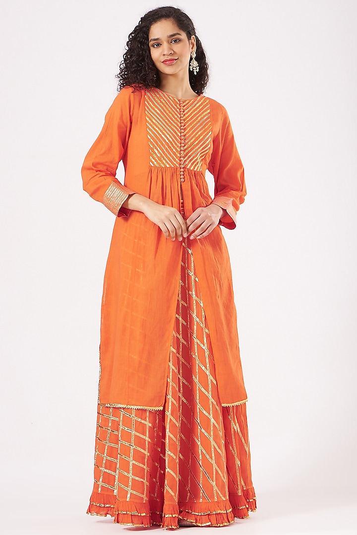 Orange Cotton Embroidered Sharara Set by Sukriti & Aakriti