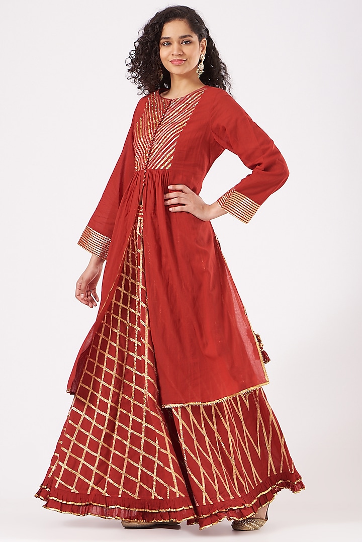 Red Cotton Embroidered Sharara Set by Sukriti & Aakriti