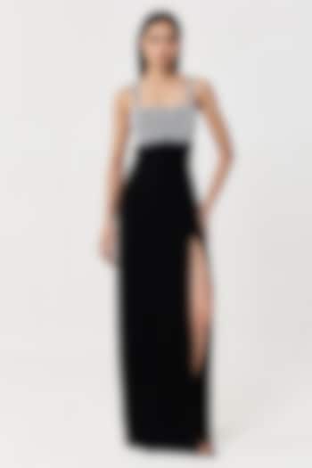 Black Stretch Crepe Hand & Machine Embroidered Maxi Cocktail Dress by Shriya Khanna at Pernia's Pop Up Shop