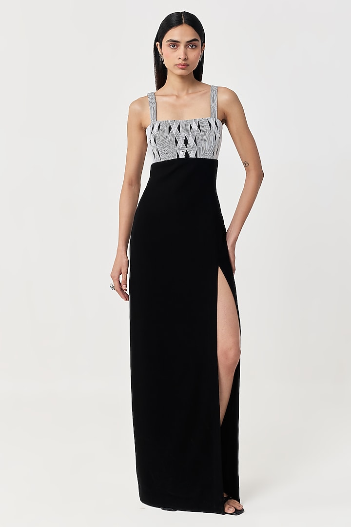 Black Stretch Crepe Hand & Machine Embroidered Maxi Cocktail Dress by Shriya Khanna at Pernia's Pop Up Shop