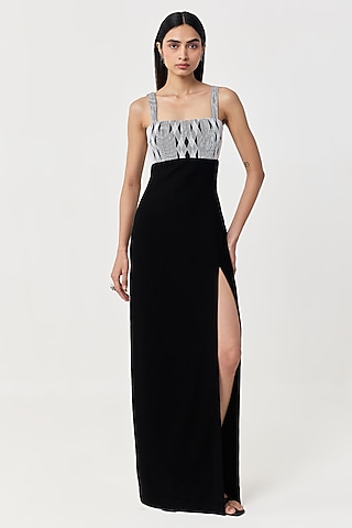 Black Stretch Crepe Hand & Machine Embroidered Maxi Dress by Shriya Khanna