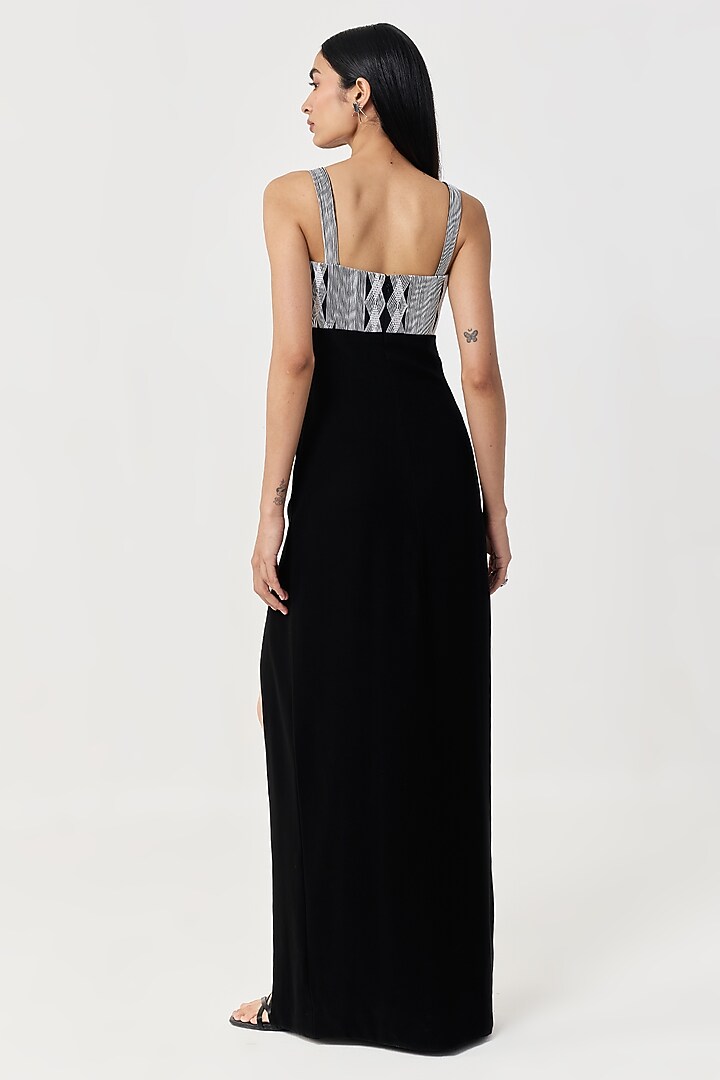 Black Stretch Crepe Hand & Machine Embroidered Maxi Cocktail Dress by Shriya Khanna at Pernia's Pop Up Shop