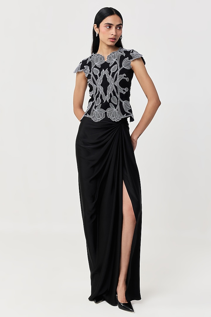 Black Novel Satin Draped Skirt by Shriya Khanna at Pernia's Pop Up Shop