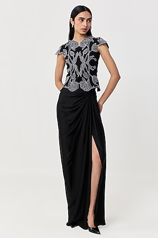 Black Novel Satin Draped Skirt by Shriya Khanna