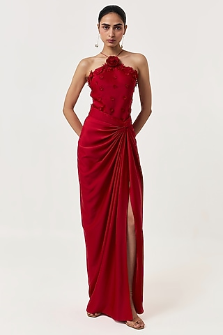 Red Satin Draped Skirt Set by Shriya Khanna