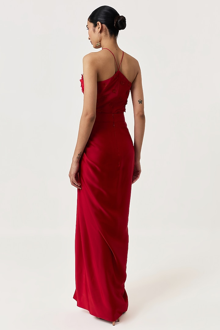 Red Satin Draped Skirt Set by Shriya Khanna at Pernia's Pop Up Shop