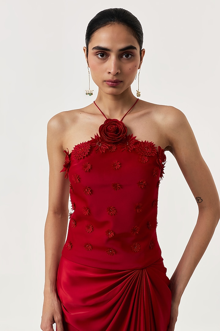 Red Satin Draped Skirt Set by Shriya Khanna at Pernia's Pop Up Shop