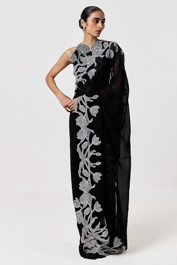 Black Organza Cutwork Hand Embroidered Pre-Stitched Wedding Saree Set by Shriya Khanna at Pernia's Pop Up Shop