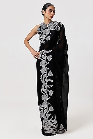 Black Organza Cutwork Hand Embroidered Pre-Stitched Saree Set by Shriya Khanna