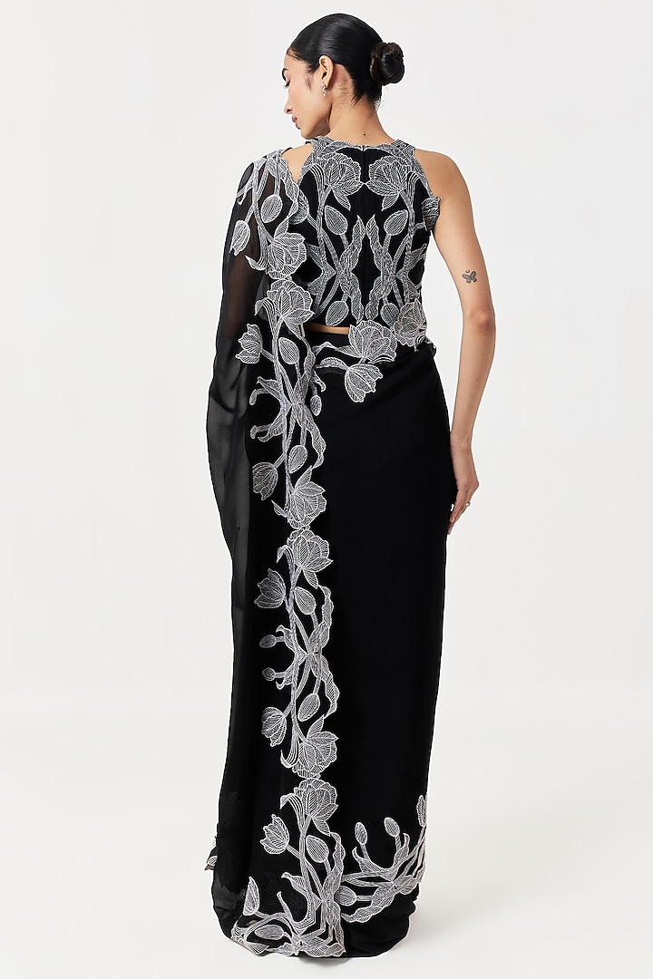 Black Organza Cutwork Hand Embroidered Pre-Stitched Wedding Saree Set by Shriya Khanna at Pernia's Pop Up Shop