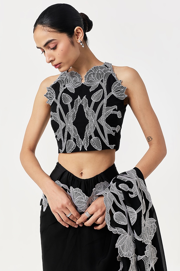 Black Organza Cutwork Hand Embroidered Pre-Stitched Wedding Saree Set by Shriya Khanna at Pernia's Pop Up Shop