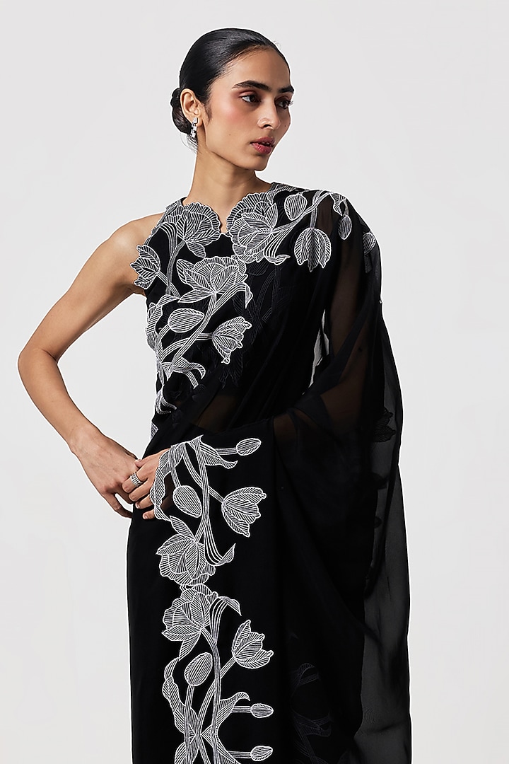 Black Organza Cutwork Hand Embroidered Pre-Stitched Wedding Saree Set by Shriya Khanna at Pernia's Pop Up Shop