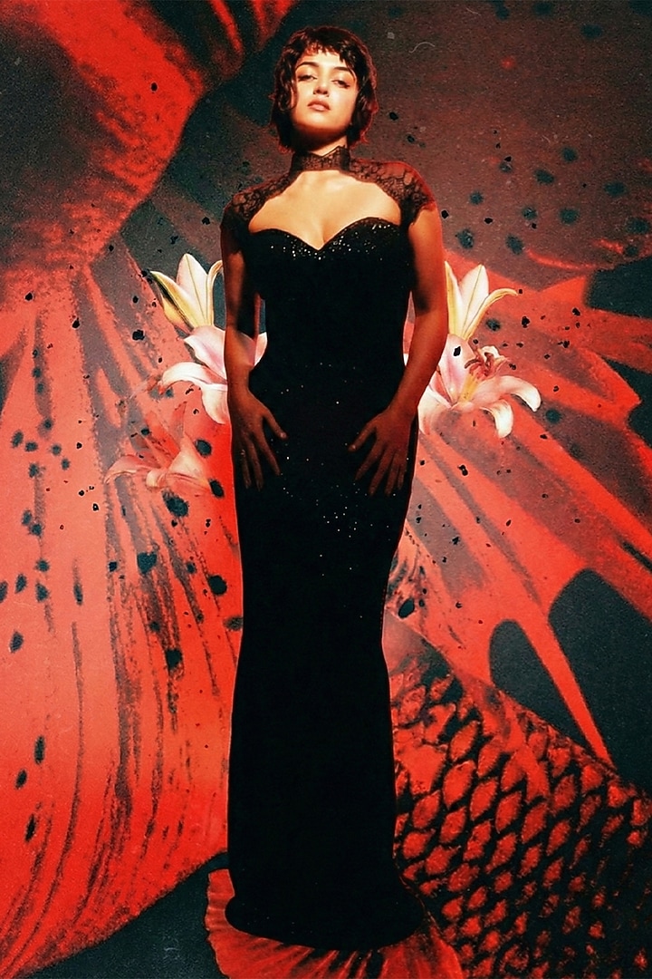 Black Sequins & Lace Party Wear Gown by Shriya Khanna at Pernia's Pop Up Shop