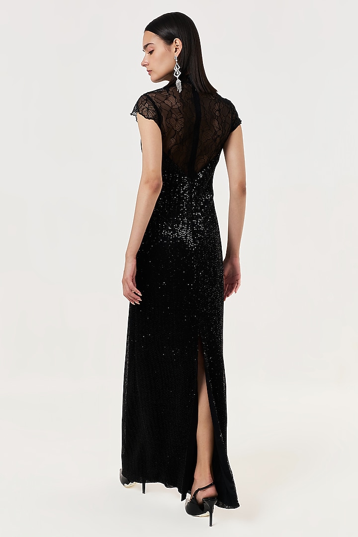 Black Sequins & Lace Party Wear Gown by Shriya Khanna at Pernia's Pop Up Shop