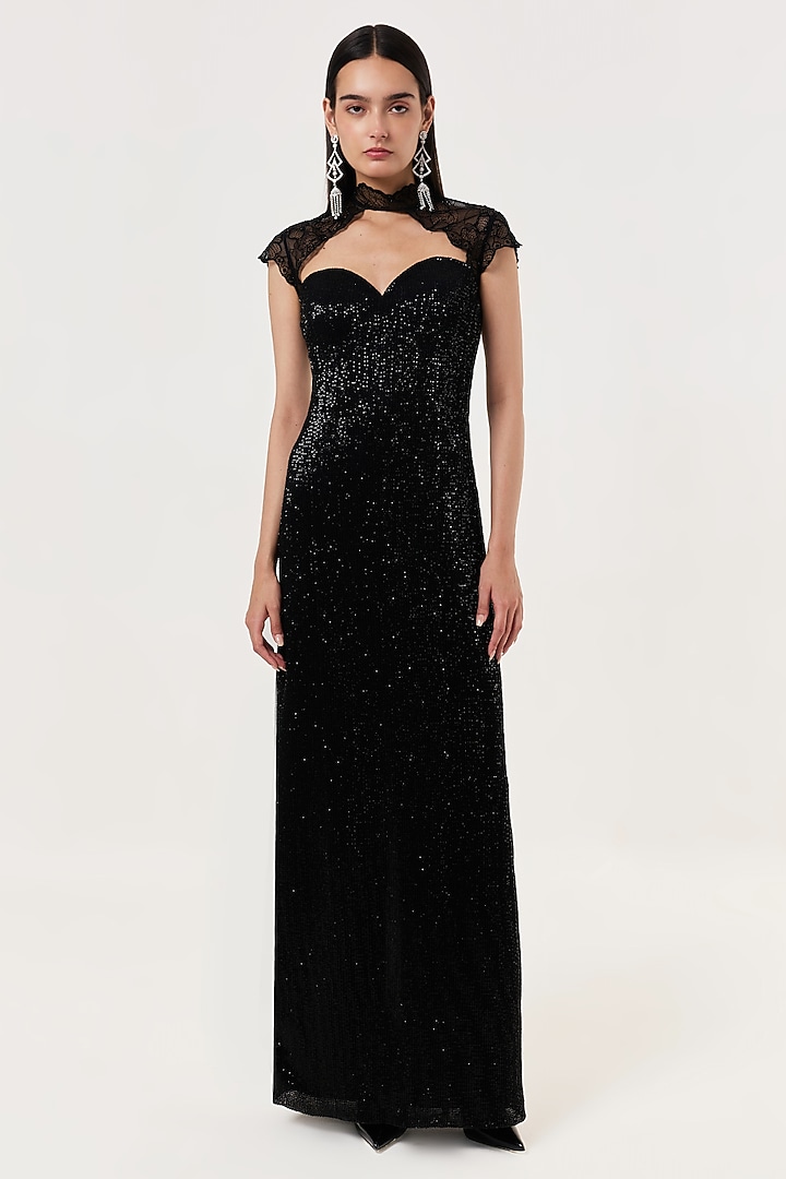 Black Sequins & Lace Party Wear Gown by Shriya Khanna at Pernia's Pop Up Shop