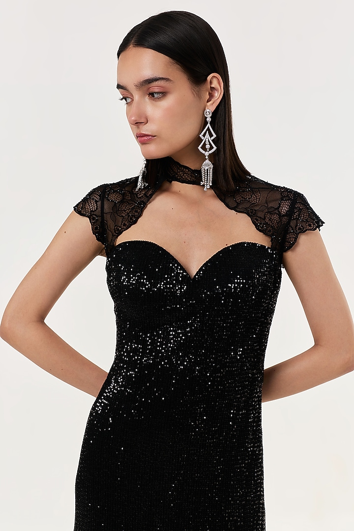 Black Sequins & Lace Party Wear Gown by Shriya Khanna at Pernia's Pop Up Shop