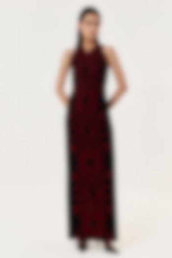 Black & Red Viscose Organza Thread Embroidered Maxi Cocktail Dress by Shriya Khanna at Pernia's Pop Up Shop