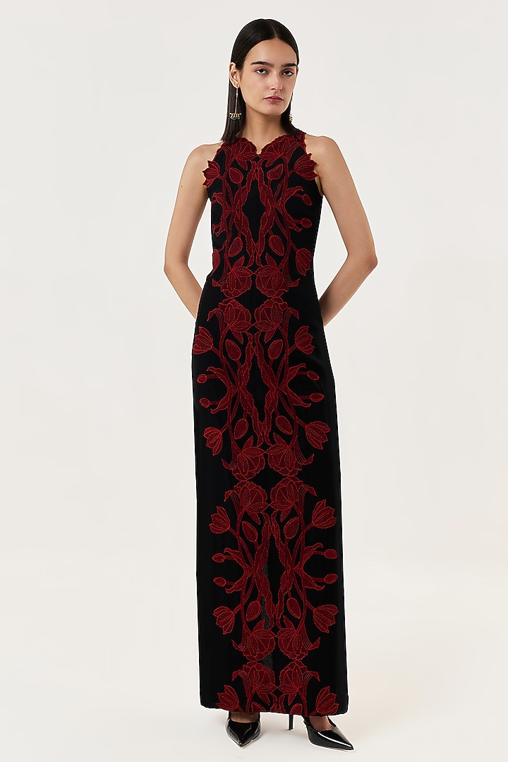 Black & Red Viscose Organza Thread Embroidered Maxi Cocktail Dress by Shriya Khanna at Pernia's Pop Up Shop